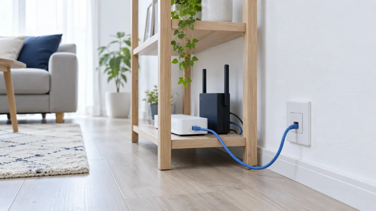 マンションの部屋の壁の差し込み口から LAN ケーブルが Wi-Fi ルーターへつながっている様子