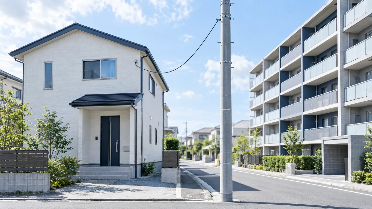 一戸建ての住宅とマンションが並び、電柱から一戸建てへ細いケーブルが引き込まれている住宅街