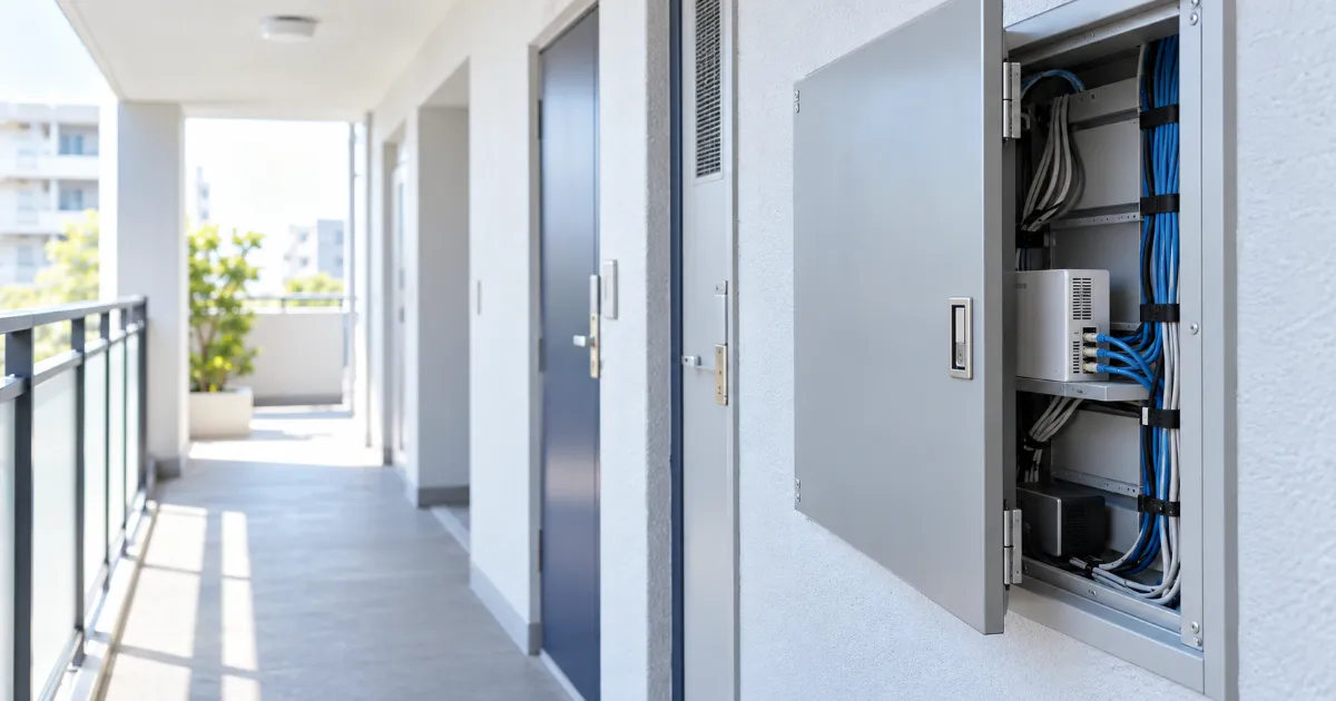 マンションの共用廊下の壁の扉が開いた配線盤と、中に並ぶ青と白のケーブルと機器