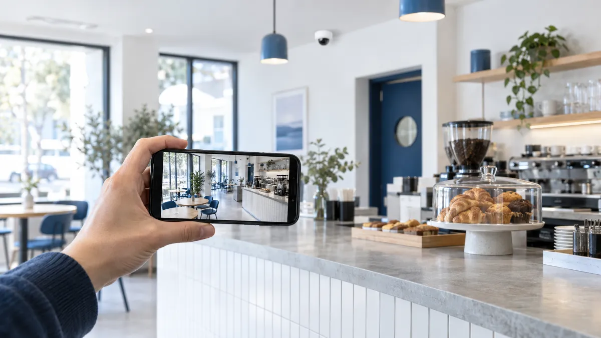 カフェのカウンターで、店内の映像をスマートフォンで確かめている手元