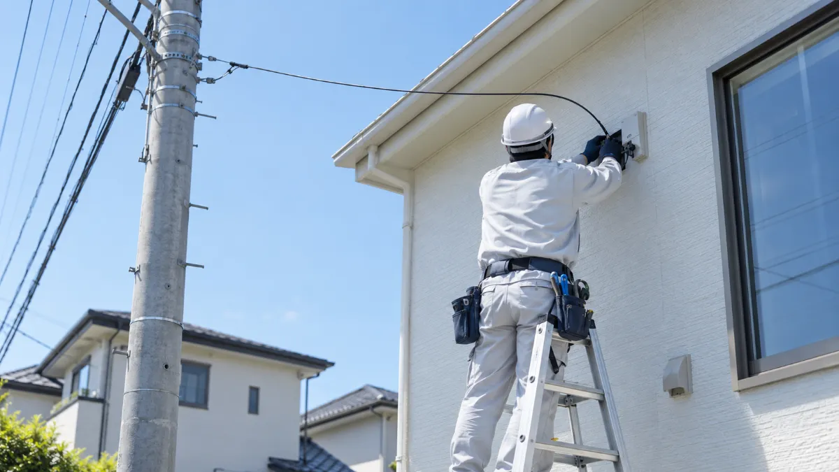 脚立に乗った作業員が、電柱から引いた光ケーブルを戸建て住宅の外壁に固定している様子