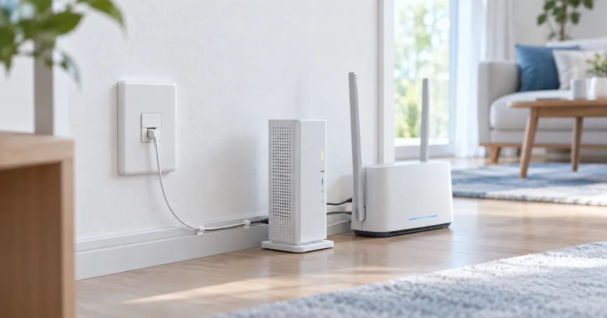 リビングの壁の光コンセントからケーブルでつながる白い終端装置とアンテナ付きの Wi-Fi ルーター