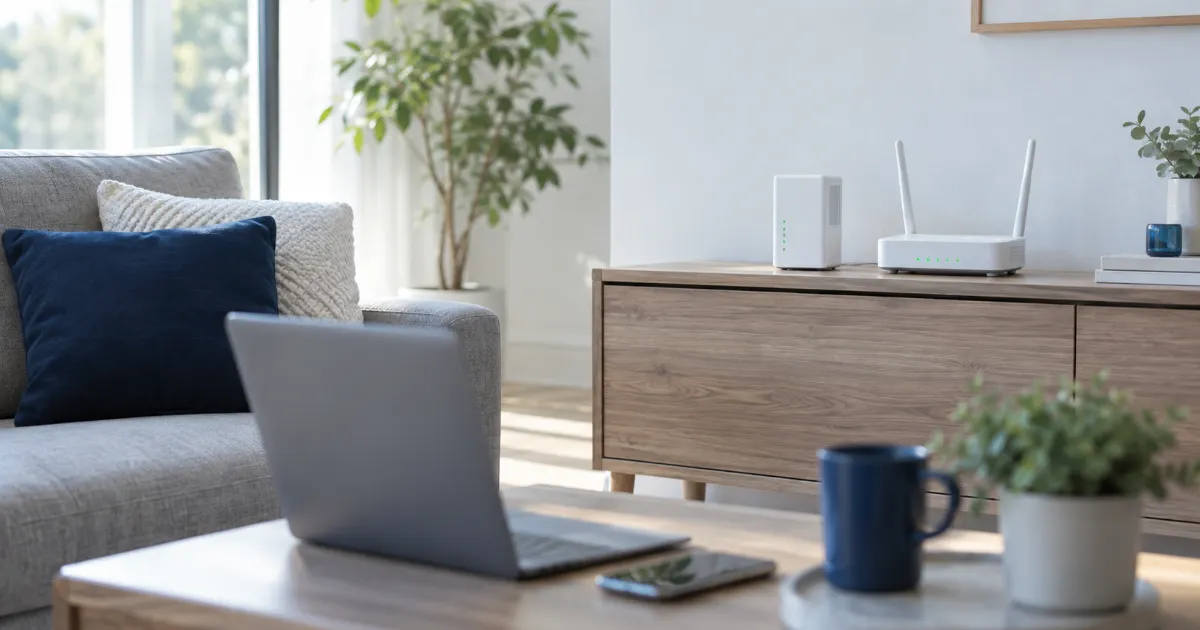 明るいリビングの木目の棚に置かれた白い光回線の終端装置とアンテナ付きの Wi-Fi ルーター、手前のテーブルのノートパソコンとスマートフォン