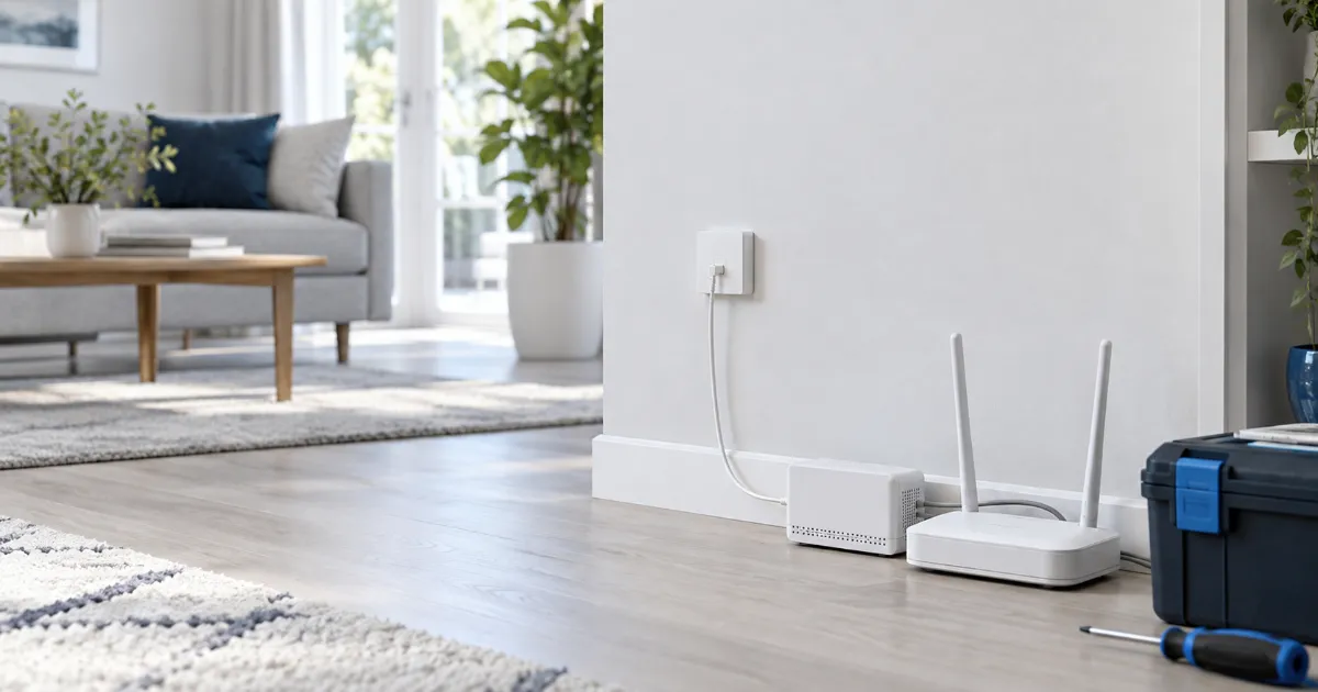 リビングの壁に取り付けた白い光コンセントからつないだ回線の機器と Wi-Fi ルーター、床に置いた工具箱