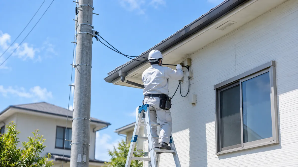 脚立に乗った作業員が、空き家の外壁から電柱へ伸びるケーブルを外している様子