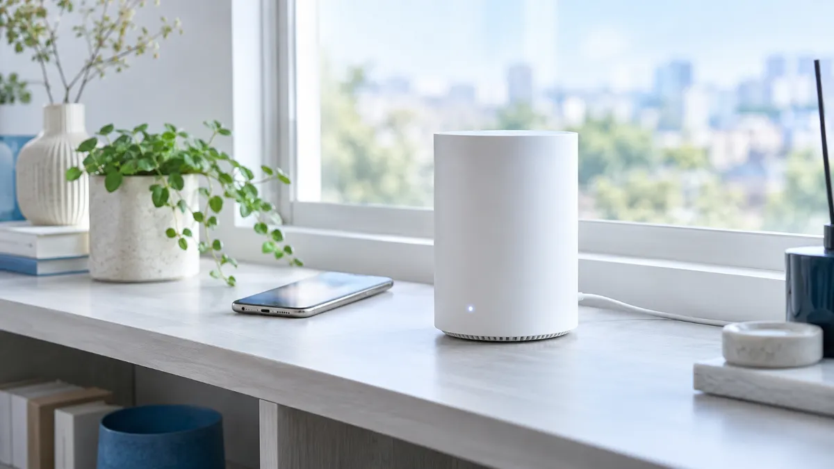 窓際の棚の上に置かれた据え置き型のホームルーターと、その横のスマートフォン
