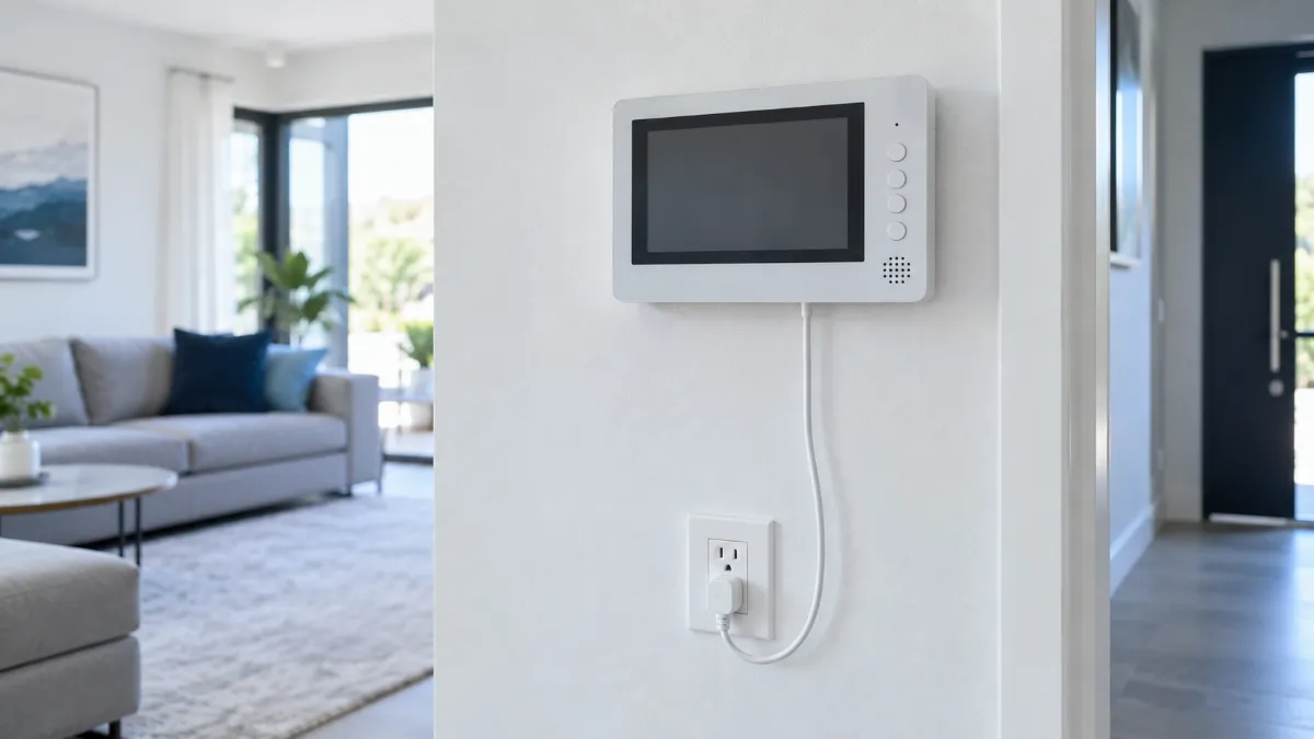 壁の室内インターホン親機から、下のコンセントへ電源コードが伸びている様子