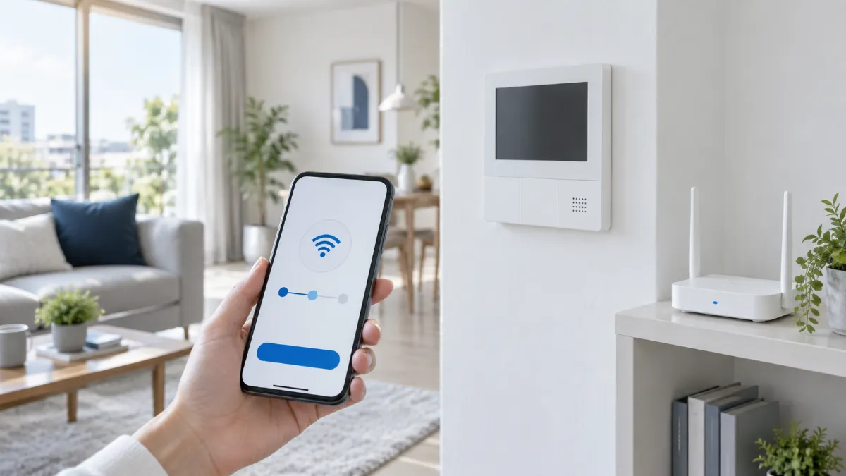 壁の室内インターホン親機と、棚の Wi-Fi ルーター、手元のスマートフォン