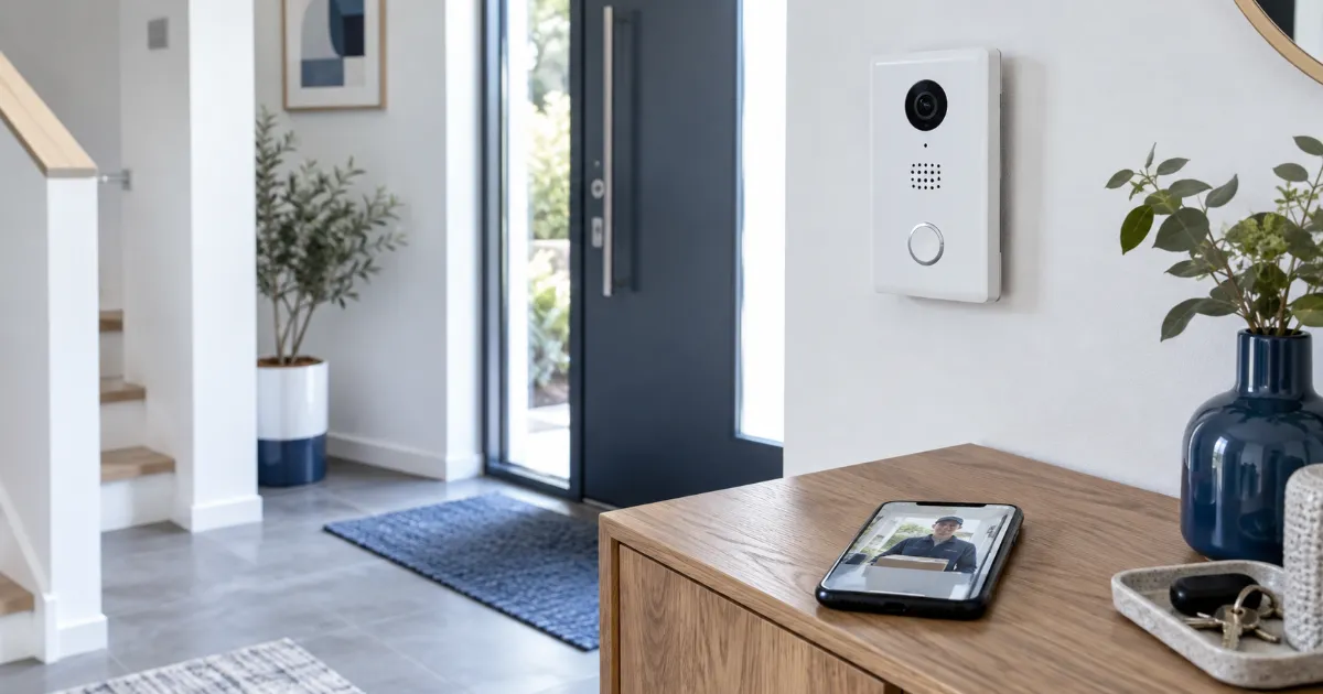 住まいの玄関の壁に付いたカメラ付きのインターホンと、棚の上のスマートフォンに映る来客の映像