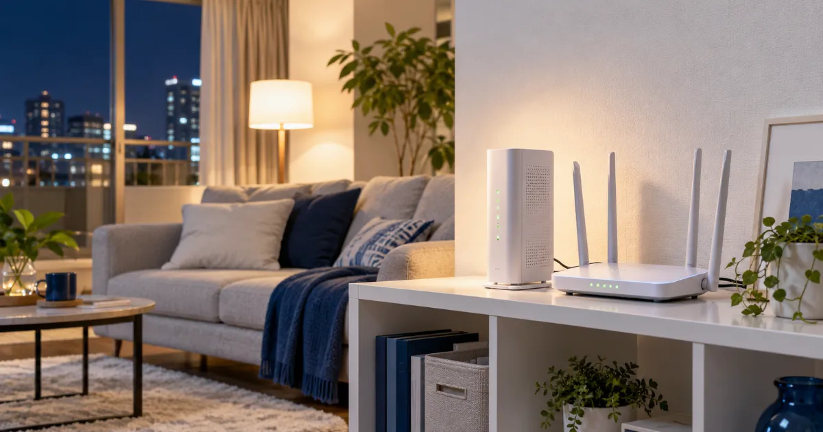 夜のリビングの棚の上に、緑のランプが点いた白い光回線の機器とアンテナ付きの Wi-Fi ルーターが並んでいる様子