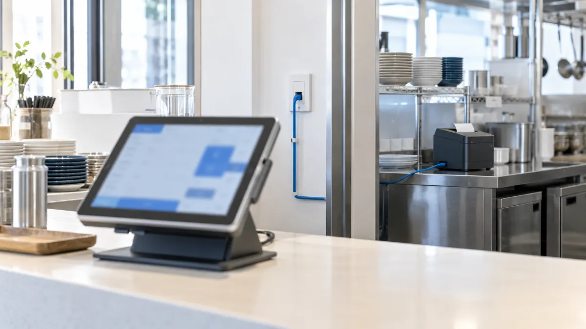 飲食店のホールのカウンターで、タブレット型の POS レジと、厨房のプリンターへ向かう LAN ケーブルと壁の配線口が見える様子