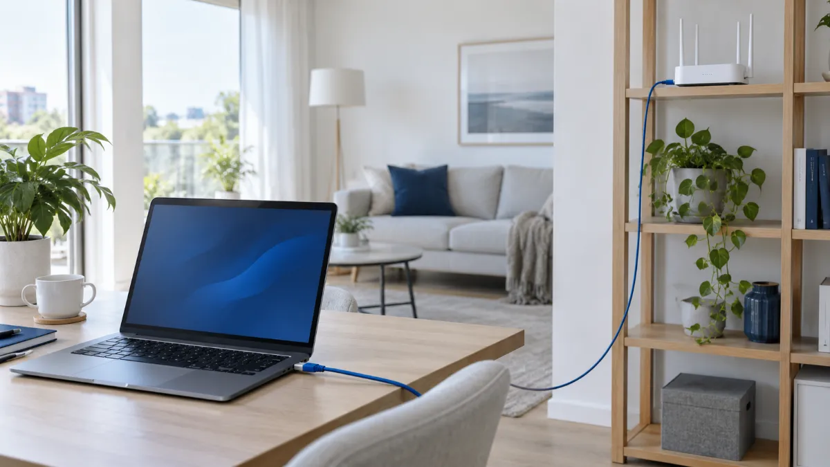 部屋の中央に近い高い棚に置いた Wi-Fi ルーターから、机のノートパソコンへ LAN ケーブルをつないだ様子