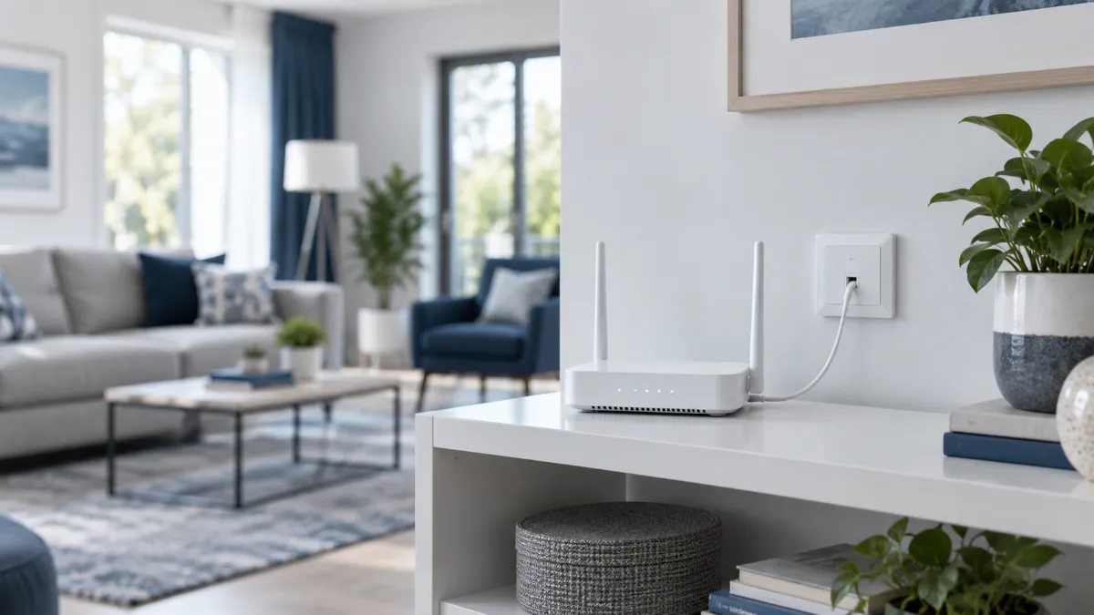 リビングの棚に置いた白い Wi-Fi ルーターが、すぐ横の壁の光コンセントから細いケーブルでつながっている様子
