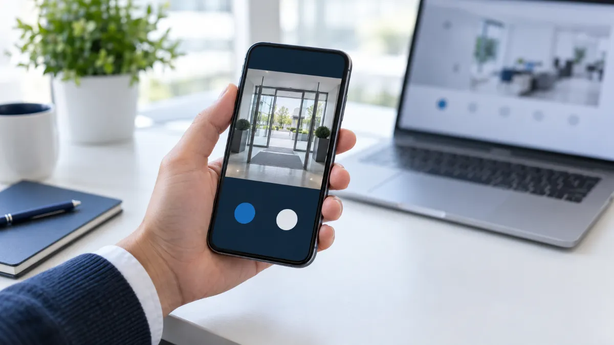 オフィスの机の上で、スマートフォンに来客の呼び出し画面が映っている手元