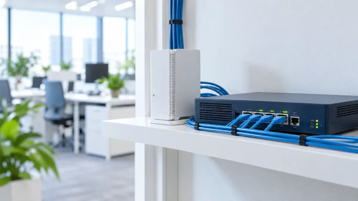 オフィスの壁際の棚に並んだ光回線の終端装置と業務用ルーター、束ねられた青い LAN ケーブル