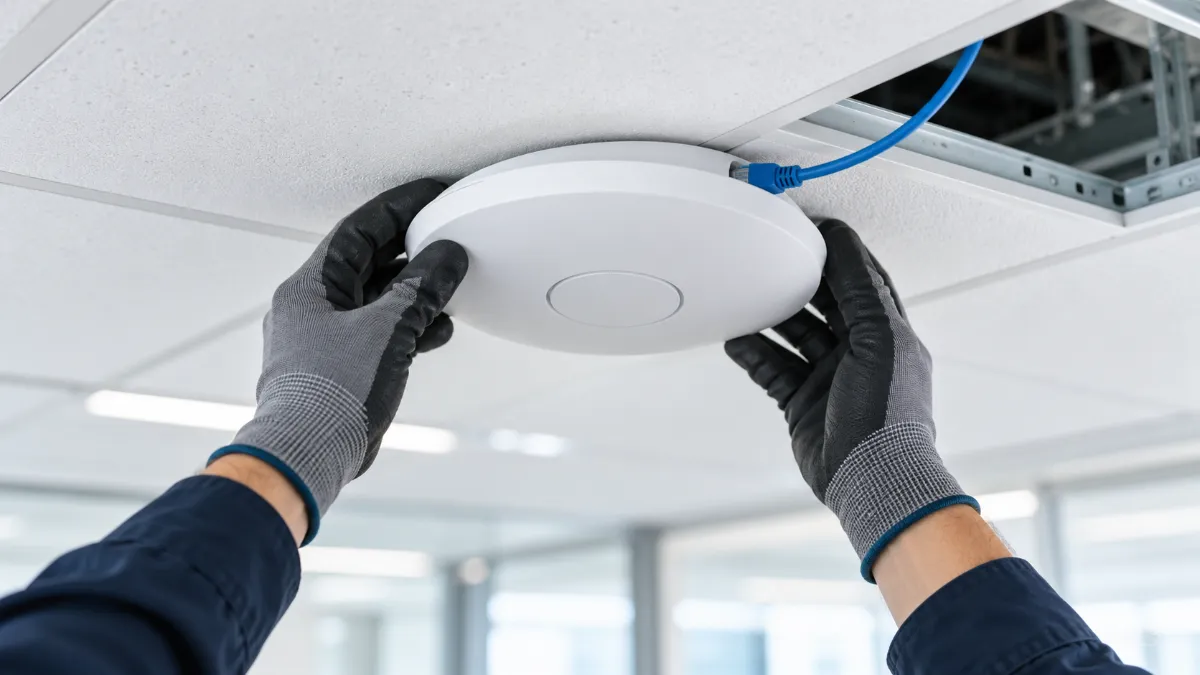 オフィスの天井で、作業用の手袋をした手元が白い円形の業務用 Wi-Fi アクセスポイントを取り付けている様子。青い LAN ケーブルが 1 本つながっている