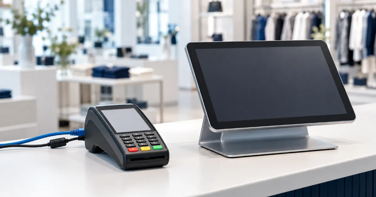 明るい店舗のレジカウンターの上の小型のカード決済端末とタブレット型のレジ、端末の後ろから伸びる青い LAN ケーブル
