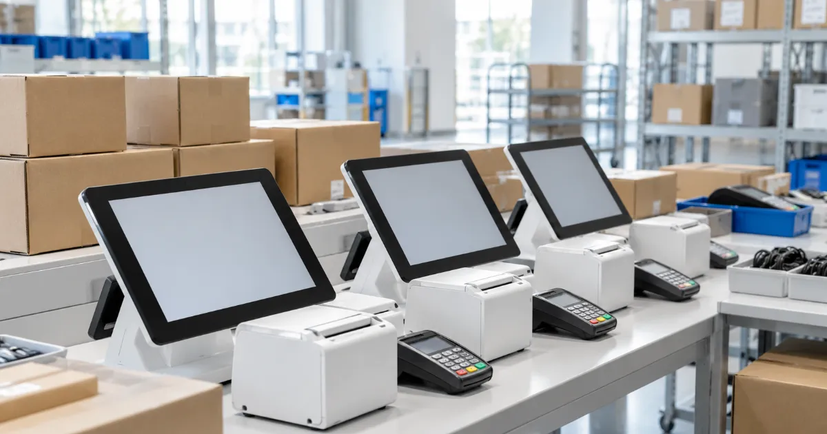 倉庫の作業台に、同じ形の新しいタブレット型のレジとレシートプリンター、カード決済端末が、店舗ごとに分けた箱の横に並べられている様子