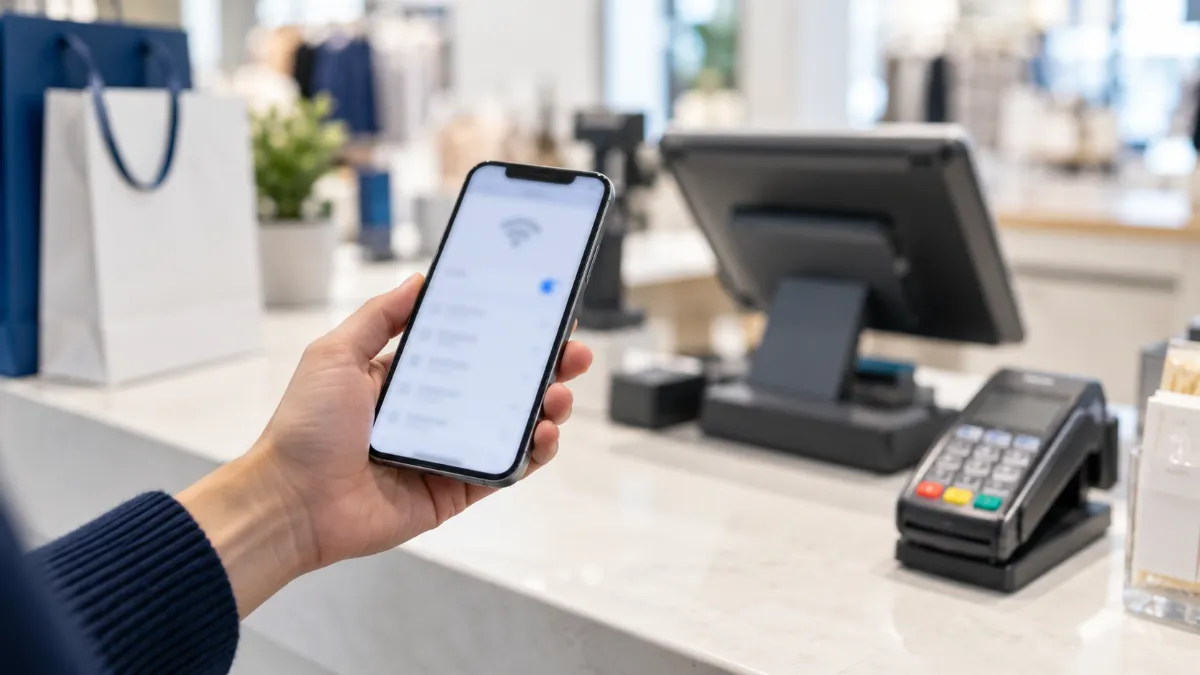 店舗のレジカウンターで、スマートフォンを手に店の Wi-Fi のつながりを確かめている手元