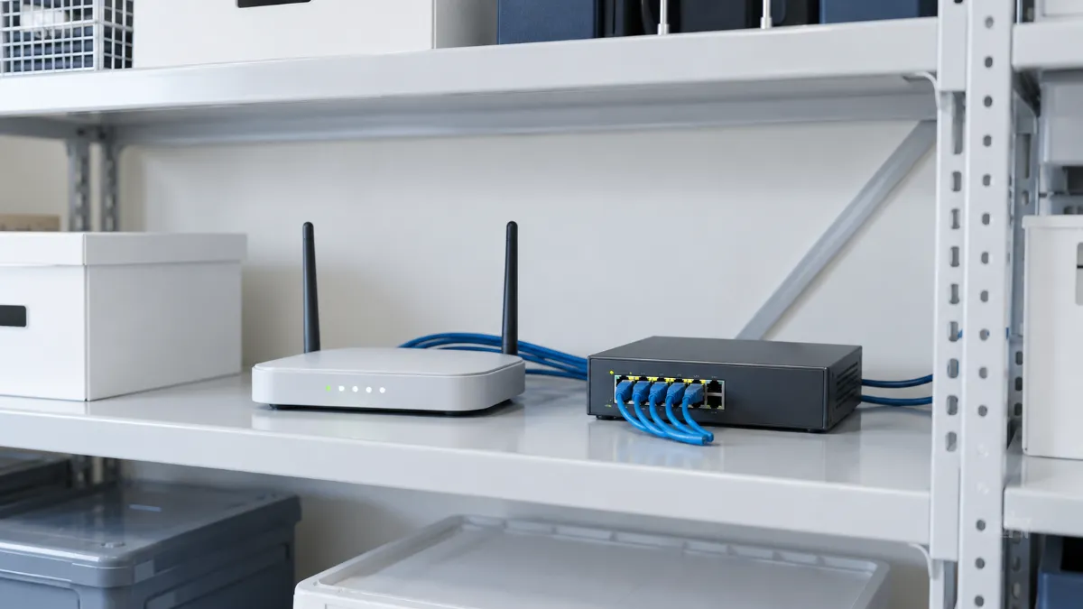 バックヤードの風通しのよい棚に置かれたルーターとネットワークスイッチに、青い LAN ケーブルがつながっている様子