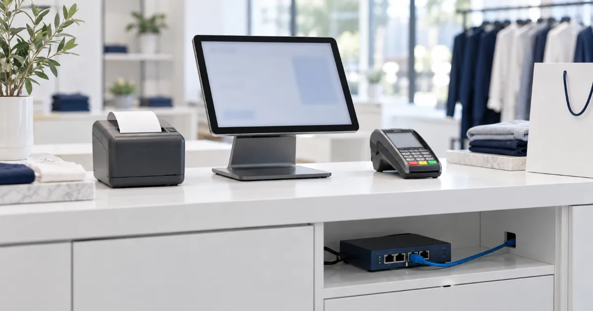 明るい店舗のレジカウンターに並んだタブレット型のレジ、レシートプリンター、決済端末と、カウンター下の小型のネットワーク機器