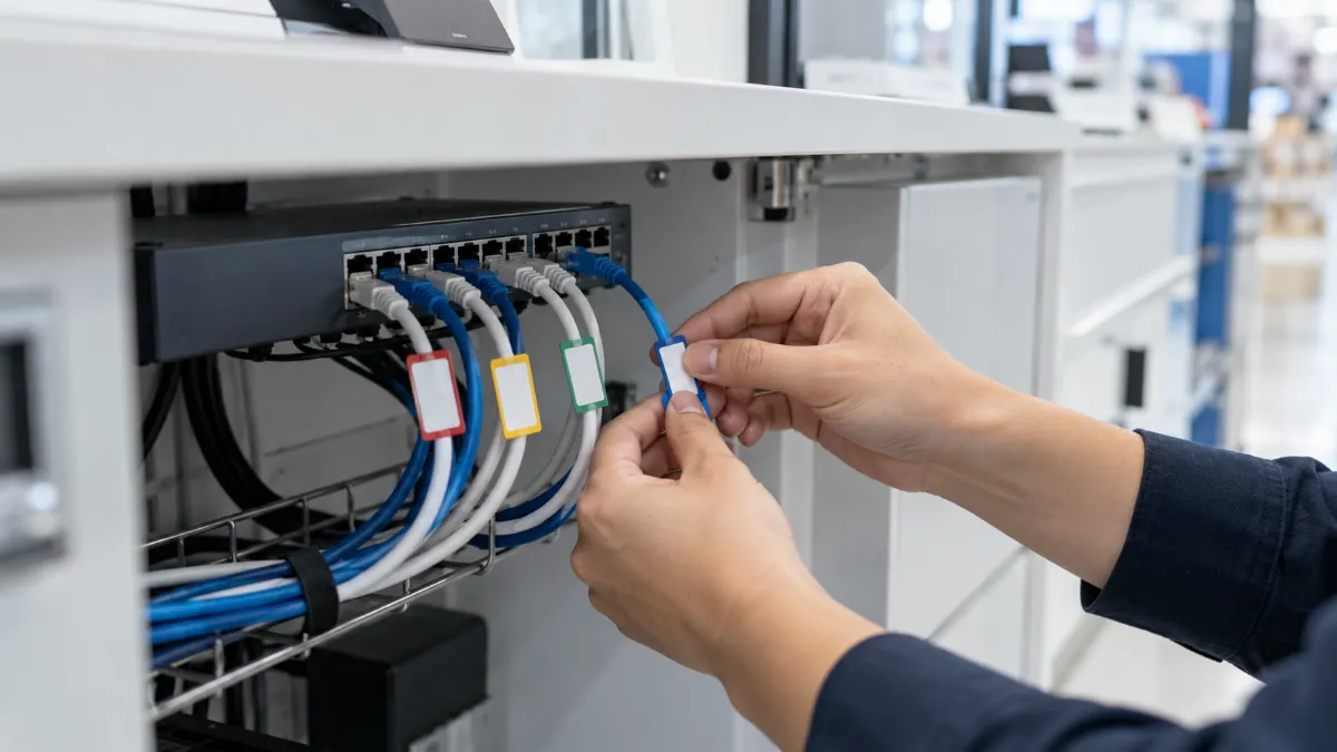 カウンターの下のネットワークスイッチにつながった LAN ケーブルに、色違いのタグを付けて区別している手元