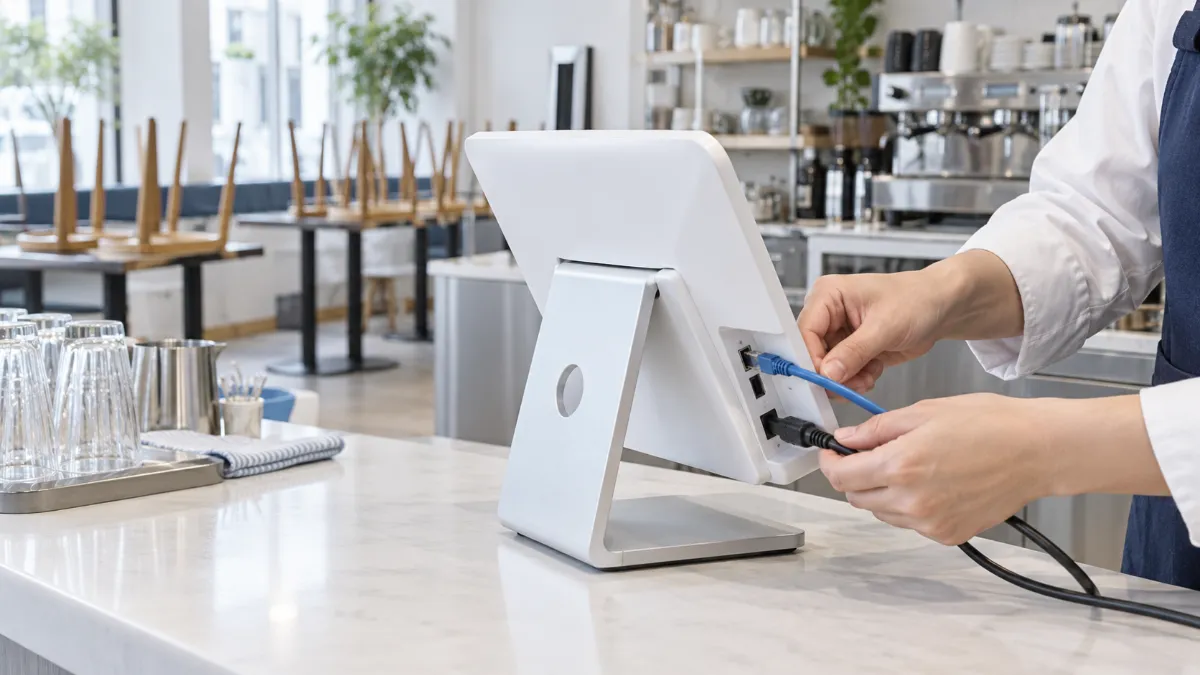 閉店後のカフェで、新しいタブレット型のレジのスタンドに LAN ケーブルと電源のケーブルをつないでいる手元