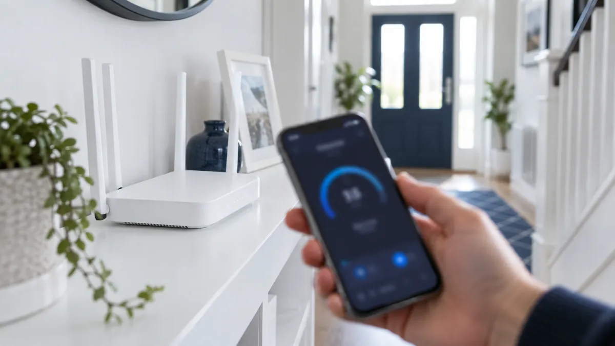 廊下の棚に置いた Wi-Fi ルーターのすぐ近くで、スマートフォンを使って通信の速さを測っている様子