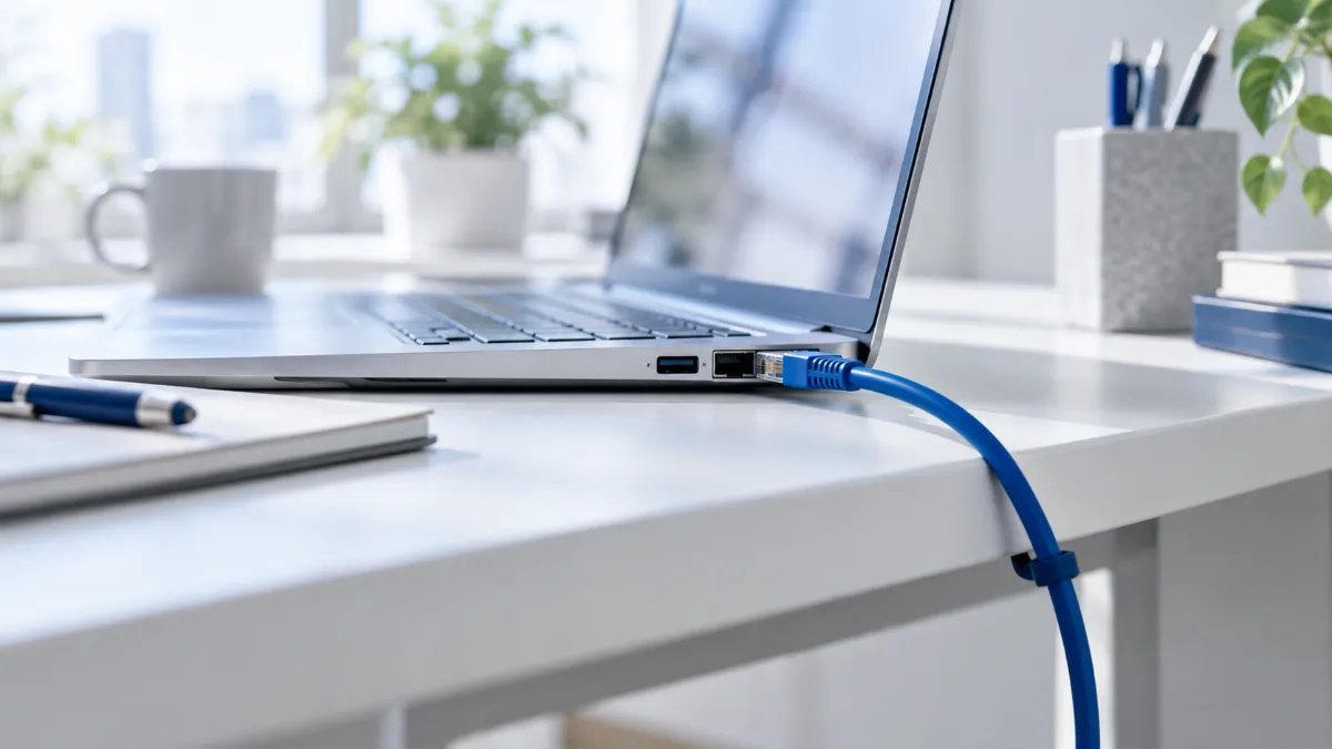 在宅勤務の机の上で、ノートパソコンに青い LAN ケーブルを差してつないでいる様子