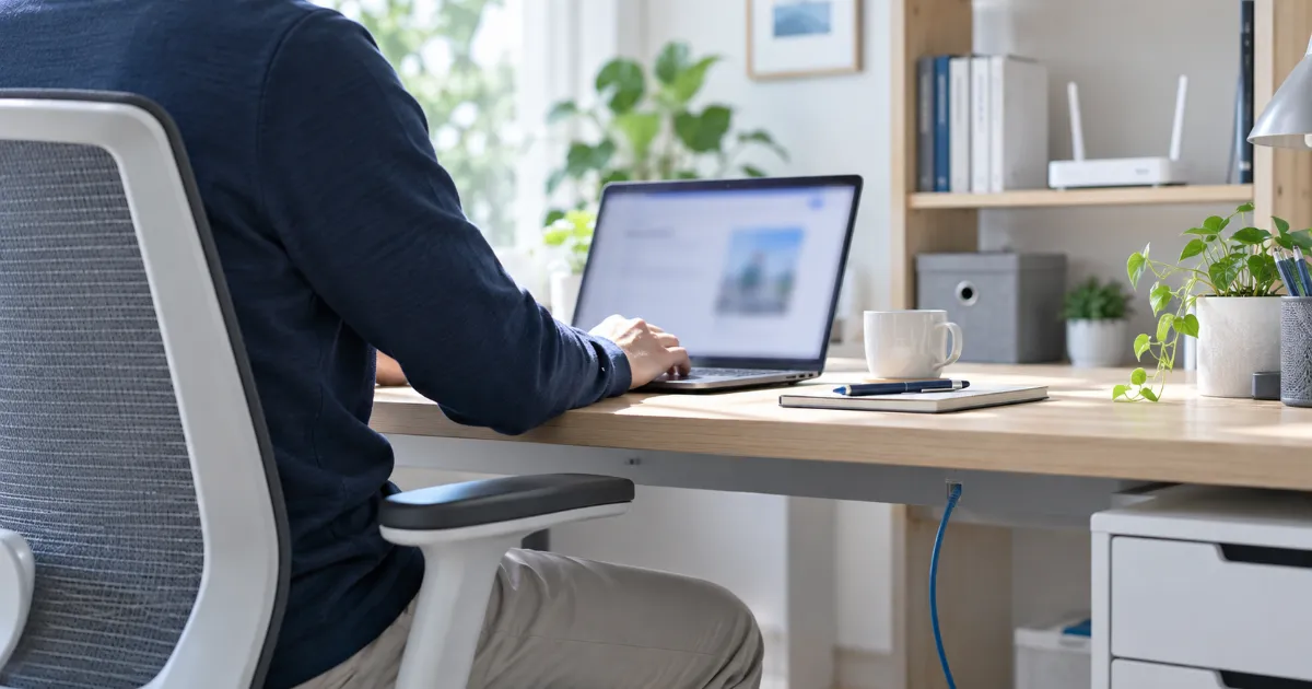 自宅の机でノートパソコンを使う人の後ろ姿と、棚の上の Wi-Fi ルーター、机の下の青い LAN ケーブル