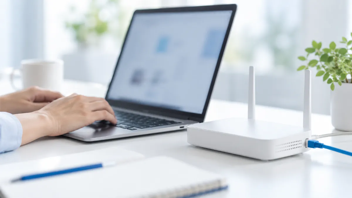 机の上のノートパソコンと、LAN ケーブルでつながった白い Wi-Fi ルーター、作業する手元