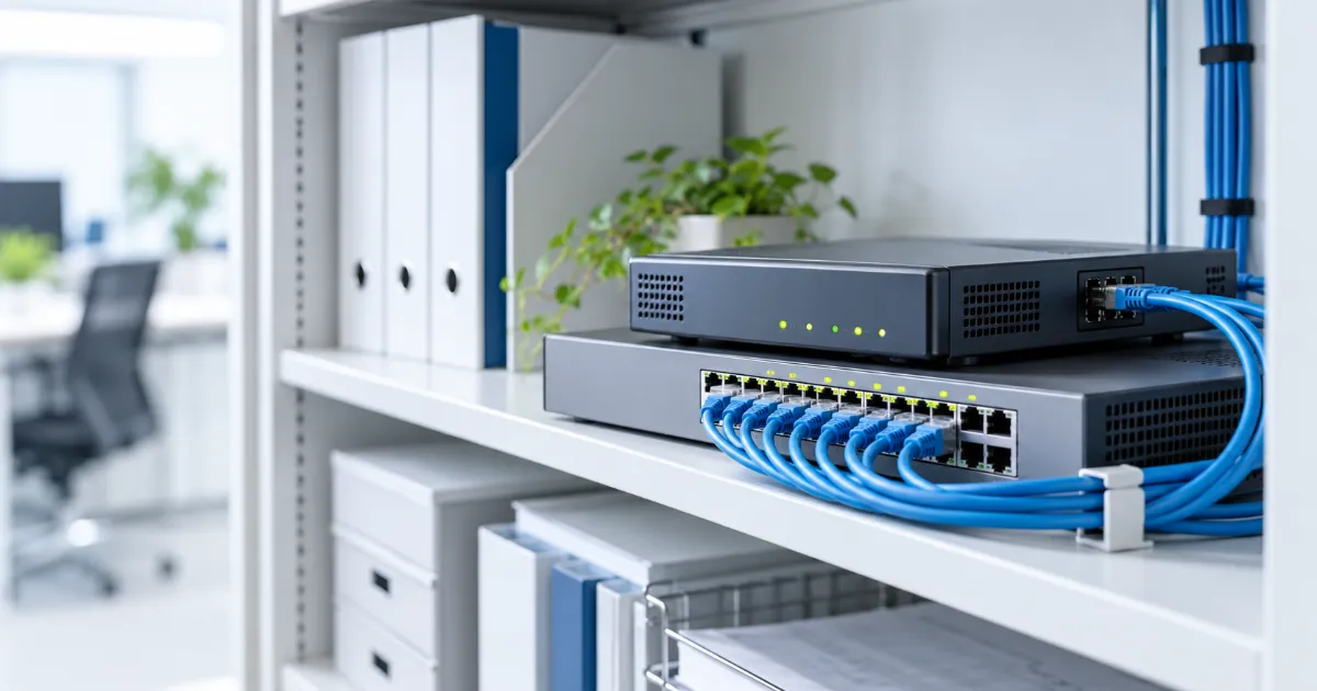 事務所の棚に置かれた業務用のルーターとスイッチングハブに、ランプが点いた状態で青い LAN ケーブルがつながっている様子