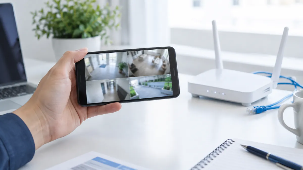 事務机の上で、スマートフォンに防犯カメラの映像を映して確かめている手元と、奥の Wi-Fi ルーター