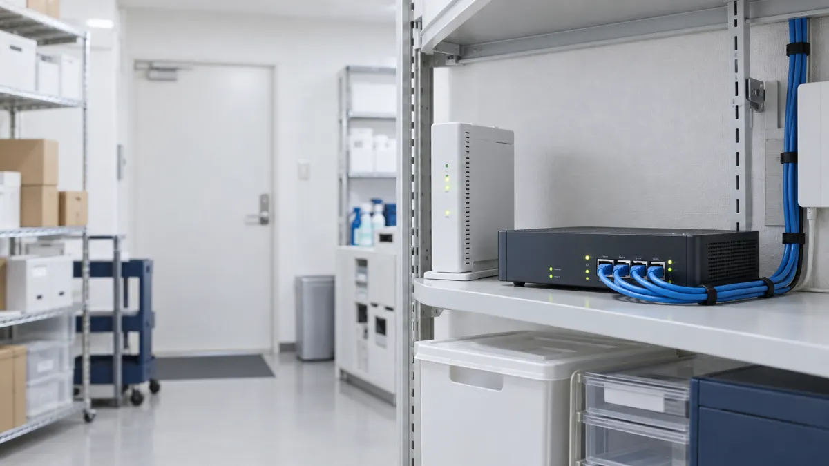 店舗のバックヤードの棚に、光回線の機器とルーターが並び、青い LAN ケーブルでつながっている様子