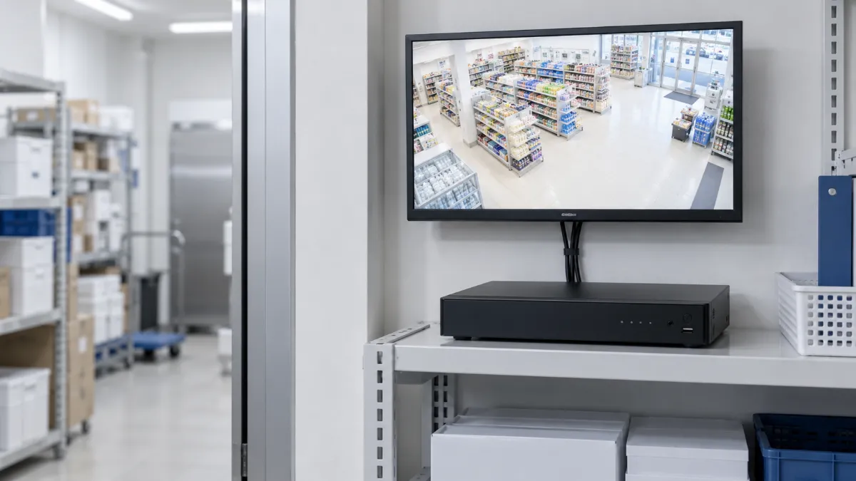 バックヤードの壁のモニターに売り場の映像が映り、その下の棚に録画機が置かれている様子