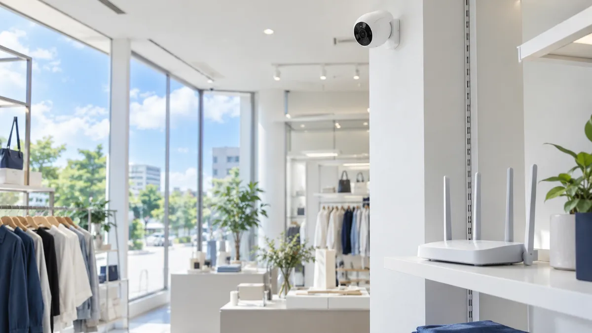 明るい店内の壁に付いた小型のネットワークカメラと、棚に置かれた無線 LAN ルーター