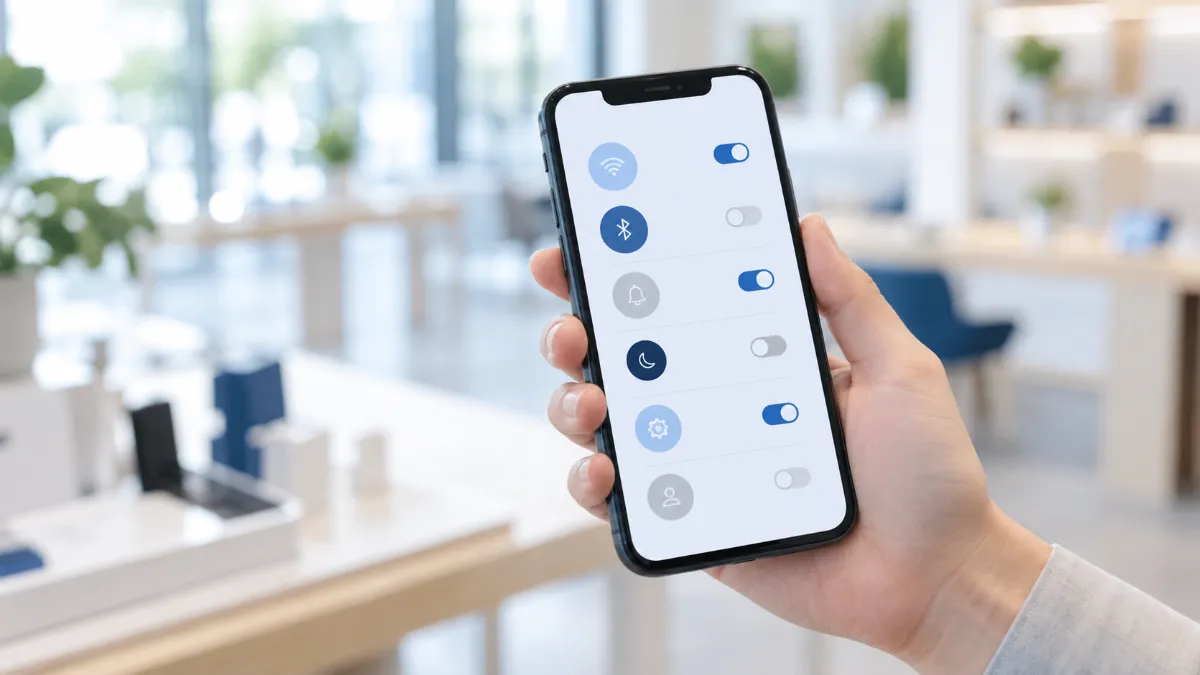 店内でスマートフォンを持ち、Wi-Fi などの設定のスイッチが並んだ画面を確かめている手元
