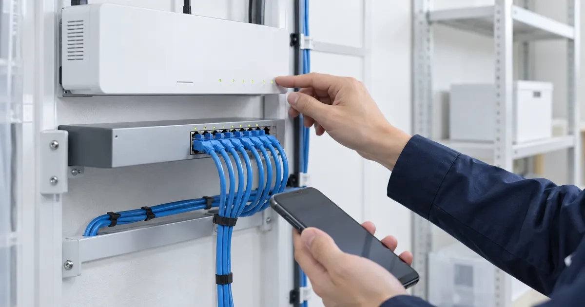 壁のネットワーク機器のランプを確かめながらスマートフォンを持つ作業員の手元