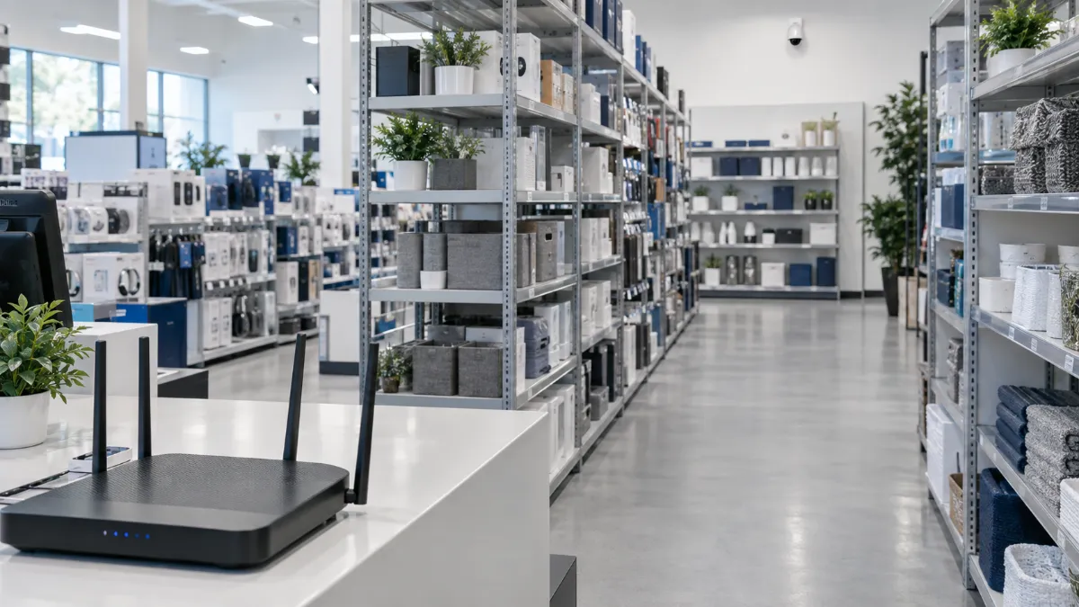 手前のカウンターに無線 LAN ルーター、奥の離れた天井近くにドーム型カメラがあり、間に背の高い商品棚が並ぶ店内