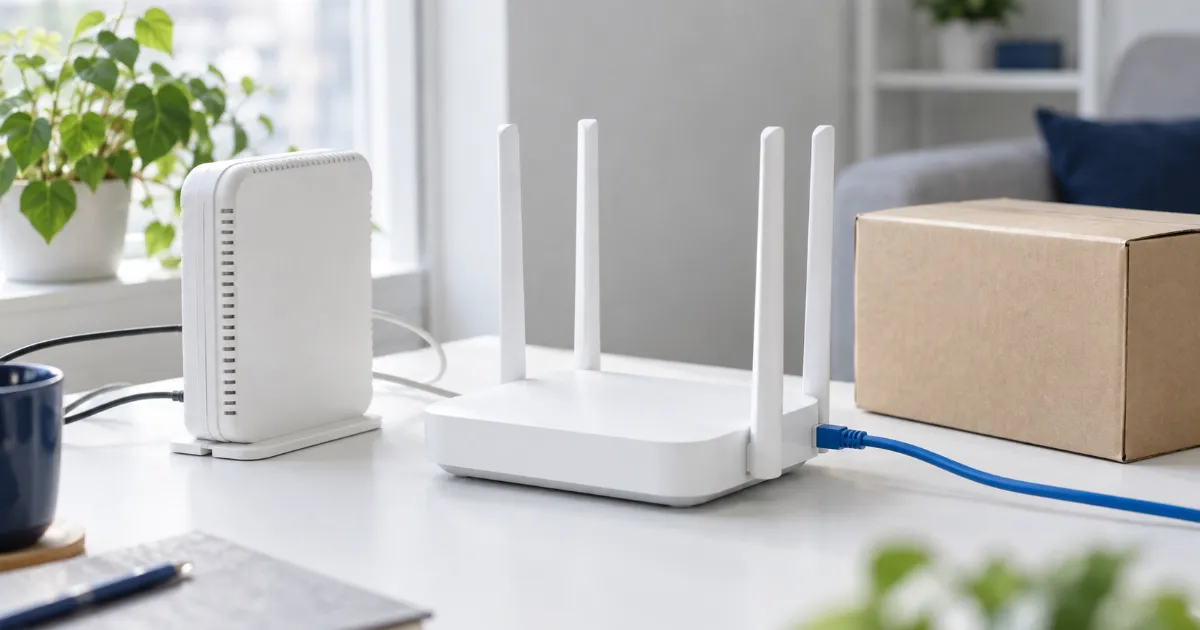 机の上の白い終端装置と青い LAN ケーブルをつないだアンテナ付きの Wi-Fi ルーター、横に置かれた段ボール箱
