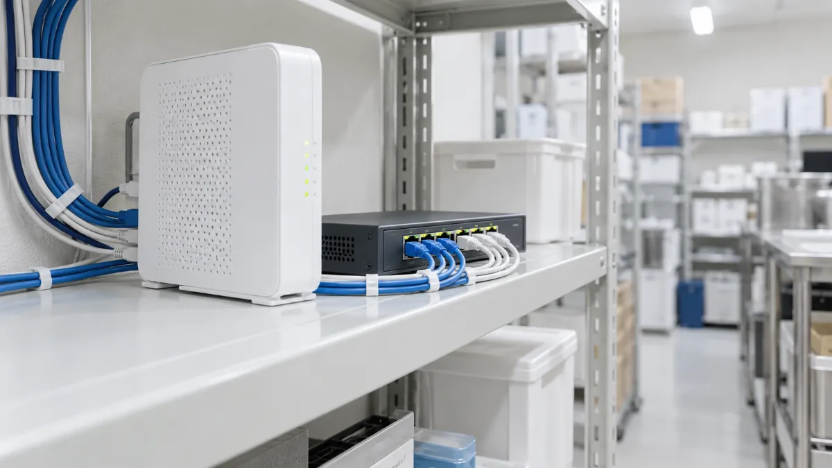 バックヤードの棚の業務用ルーターとスイッチに、色分けした LAN ケーブルが別々の口につながっている様子
