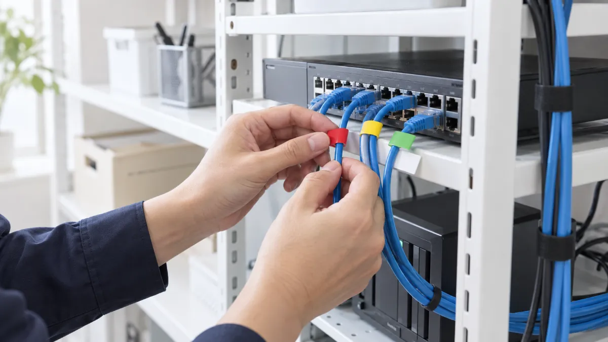 ネットワーク機器の棚で、LAN ケーブルに色違いの目印を付けて、どの機器の線かを分けている手元