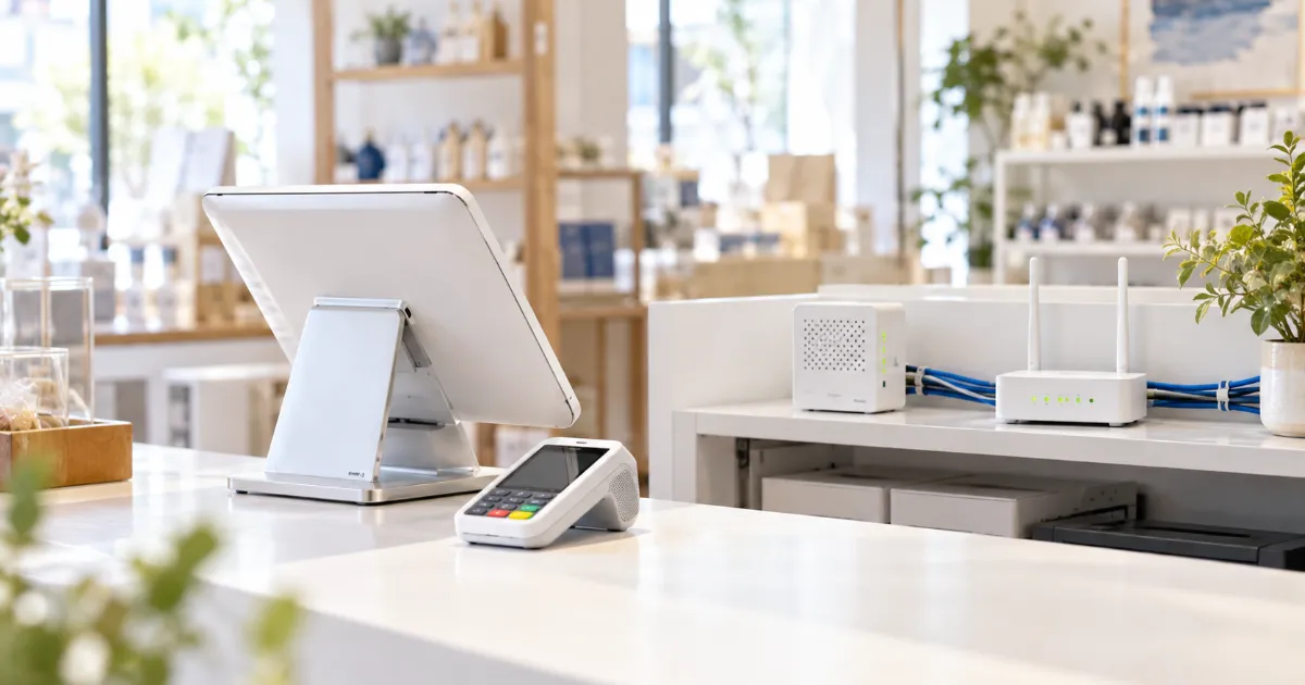 明るい店舗のレジカウンターに置かれたタブレット型のレジとカード決済端末、奥の白い棚に並ぶ白い箱型の回線の機器とアンテナ付きのルーター