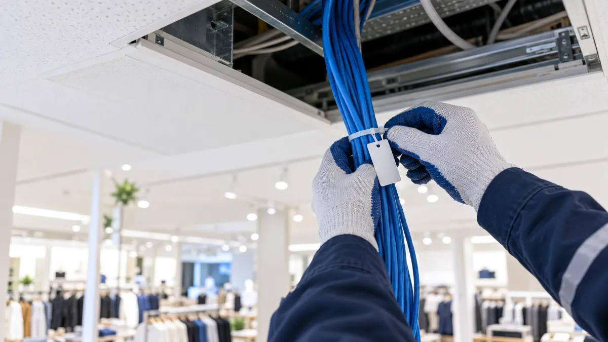 店舗の天井点検口の近くで、作業用の手袋をした手元が青い LAN ケーブルの束をまとめ、無地のタグを付けている様子