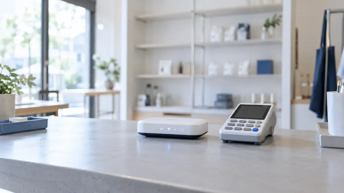 開店準備中の店舗のカウンターに、モバイル Wi-Fi ルーターとカード決済端末が並んで置かれている様子