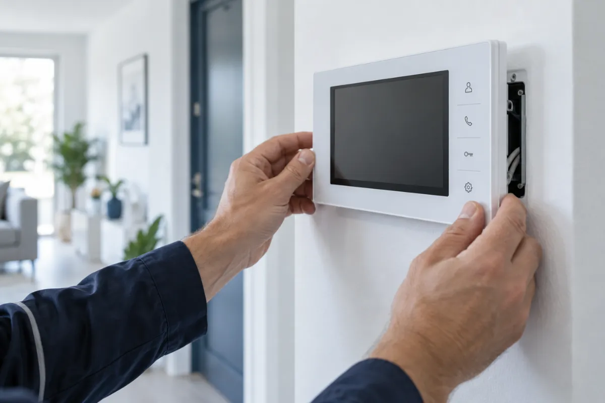 作業員が室内の壁に液晶付きのインターホン親機を取り付けている手元