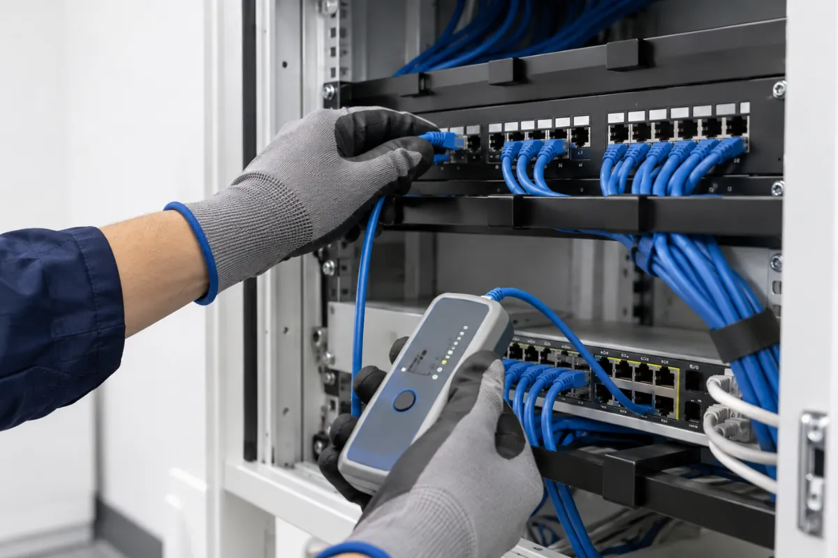 作業員がネットワークラックに LAN ケーブルを差し込み、テスターで確認している手元