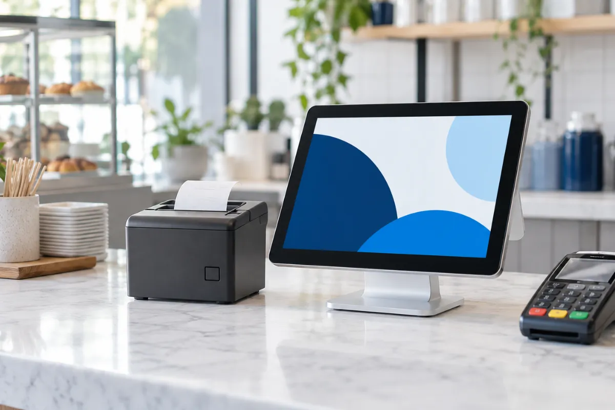 店舗のカウンターに設置されたタブレット型の POS レジ、レシートプリンター、決済端末