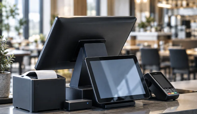 店舗のカウンターに設置された POS レジと周辺機器